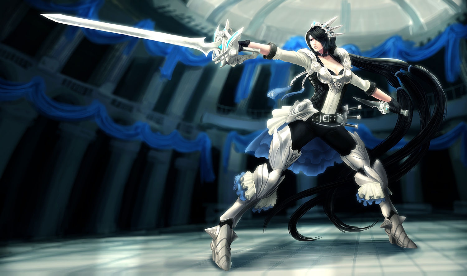 armor, artnothearts, black_hair, fiora, knife, league_of_legends, long_hair, sword, tagme, weapon