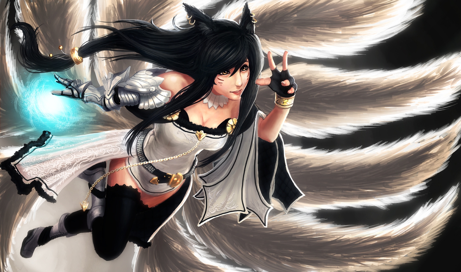 ahri_(league_of_legends), animal_ears, artnothearts, black_hair, gloves, league_of_legends, long_hair, tagme, tail, thighhighs