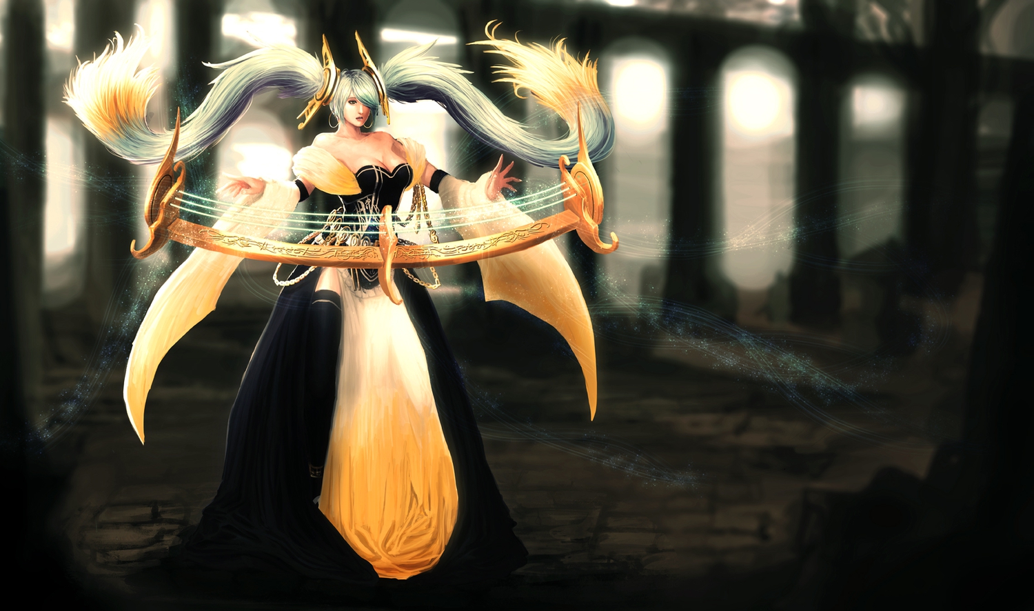 artnothearts, dress, league_of_legends, long_hair, sona_buvelle, twintails, white_hair