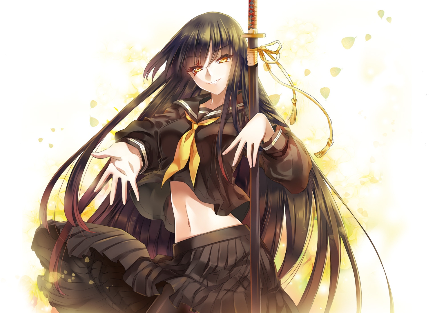 black_hair, cu-rim, katana, leaves, long_hair, navel, original, scar, school_uniform, sword, weapon, yellow_eyes