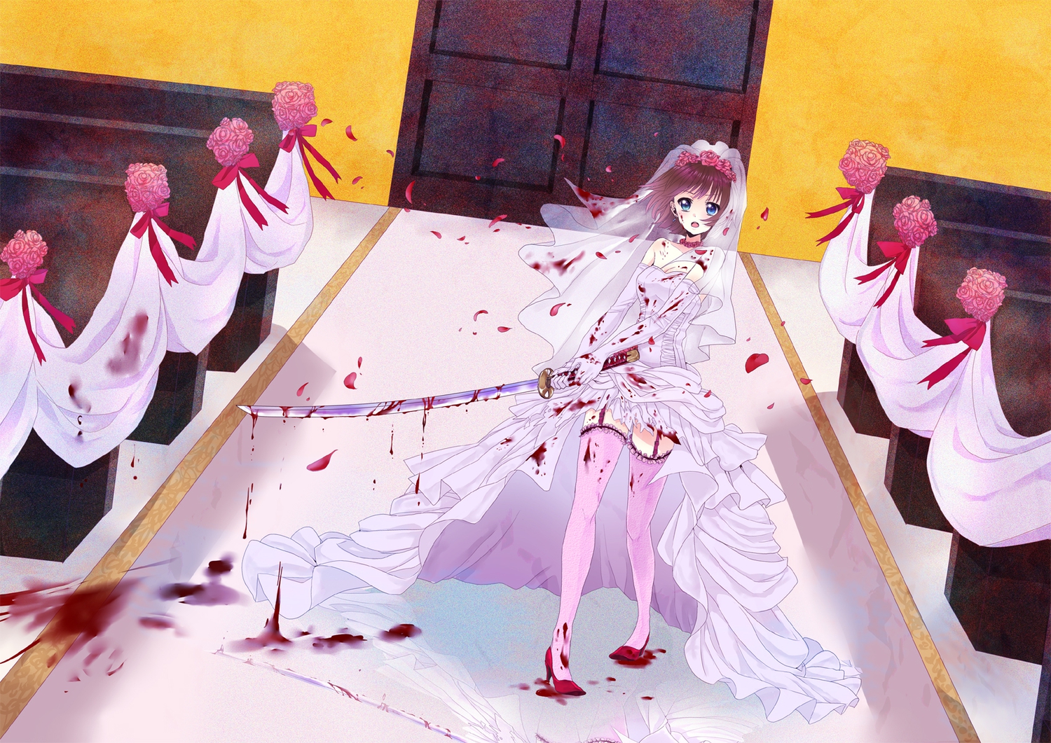 blood, blue_eyes, brown_hair, choker, dress, elbow_gloves, flowers, garter, gloves, headdress, katana, mirakuruone, original, petals, rose, short_hair, stockings, sword, thighhighs, torn_clothes, weapon, wedding, wedding_attire