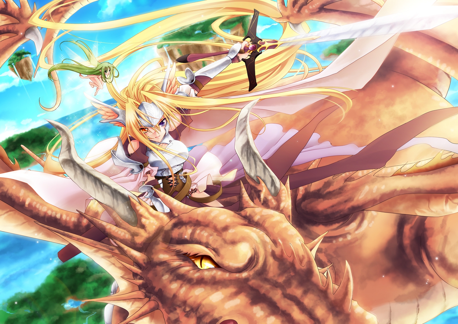 bicolored_eyes, blonde_hair, dragon, fairy, gray_hair, miyako910724, original, sword, weapon