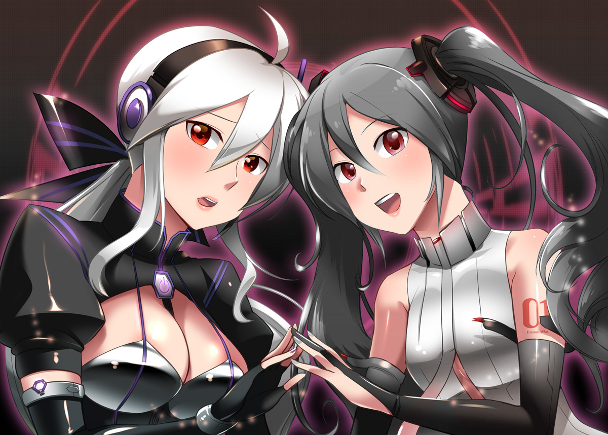 2girls, caffein, gray_hair, headphones, red_hair, third-party_edit, vocaloid, yowane_haku