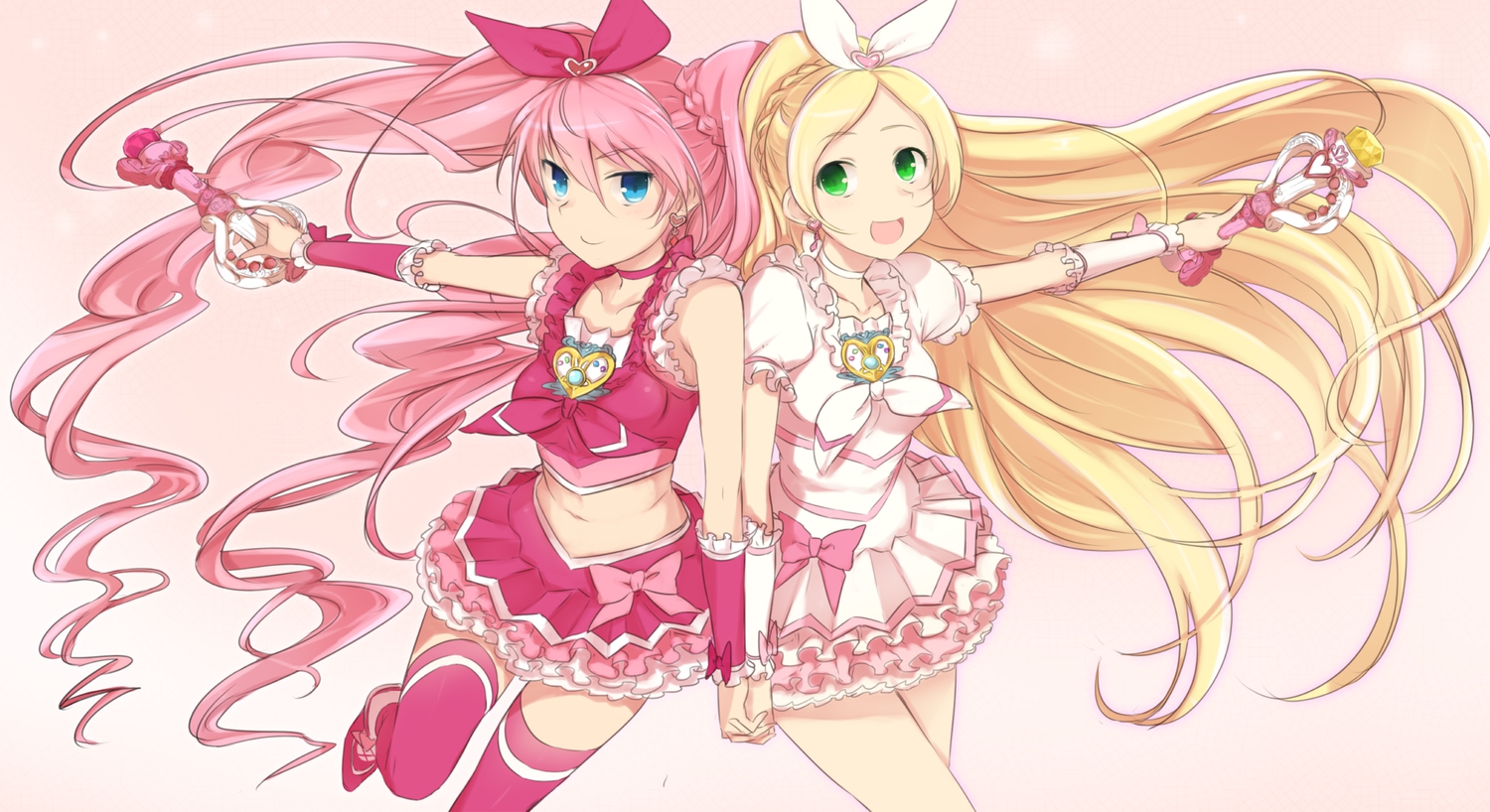 2girls, blonde_hair, houjou_hibiki, long_hair, minamino_kanade, minazuki_randoseru, navel, pink_hair