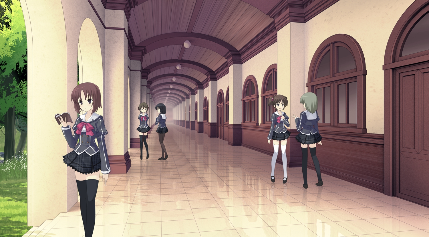 book, game_cg, school_uniform, short_hair, skirt, thighhighs, tokeijikake_no_ley_line