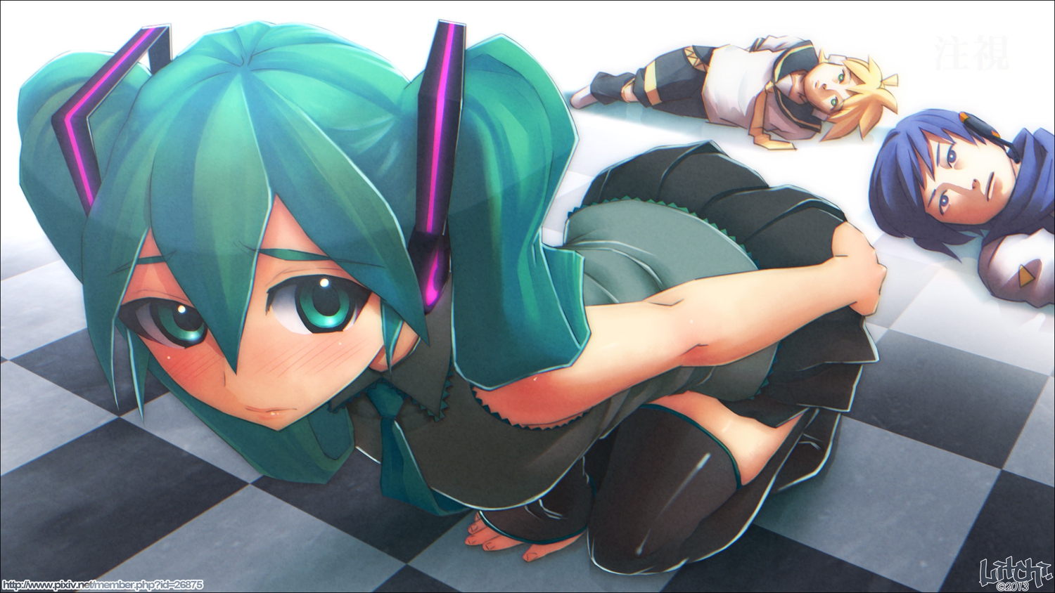 hatsune_miku, kagamine_len, kaito, male, raichi, vocaloid