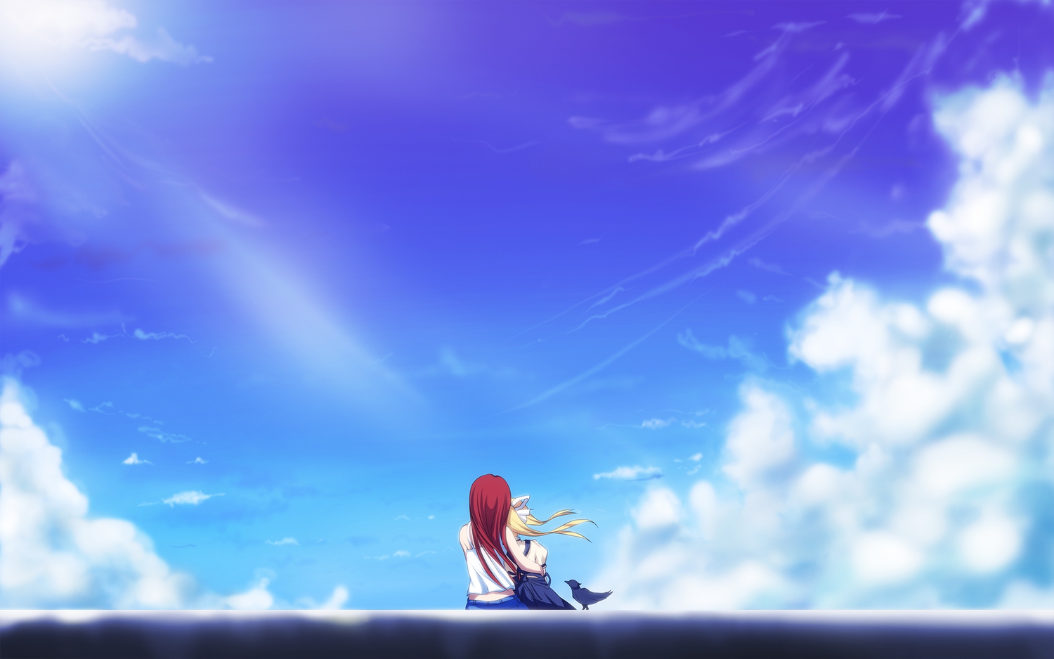 air, animal, bird, blonde_hair, clouds, kamio_haruko, kamio_misuzu, red_hair, scenic, sky, yottin