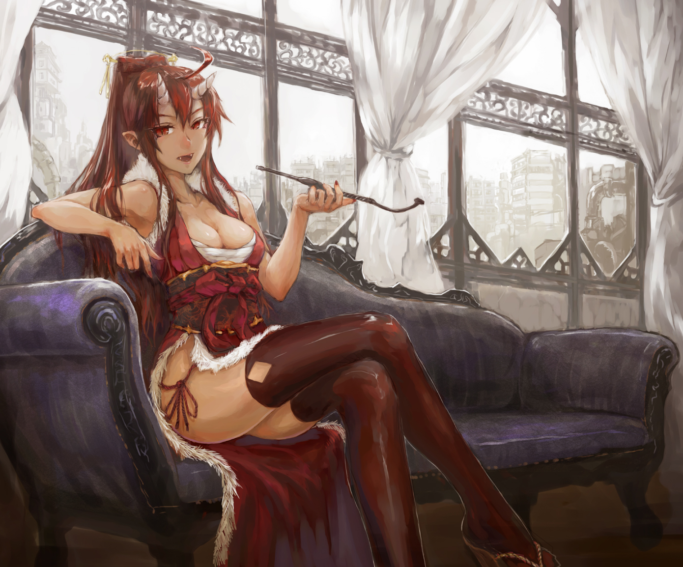 breasts, cleavage, fang, horns, japanese_clothes, long_hair, original, pointed_ears, red_eyes, sarashi, sasagawa_(haikaiki), thighhighs, underwear