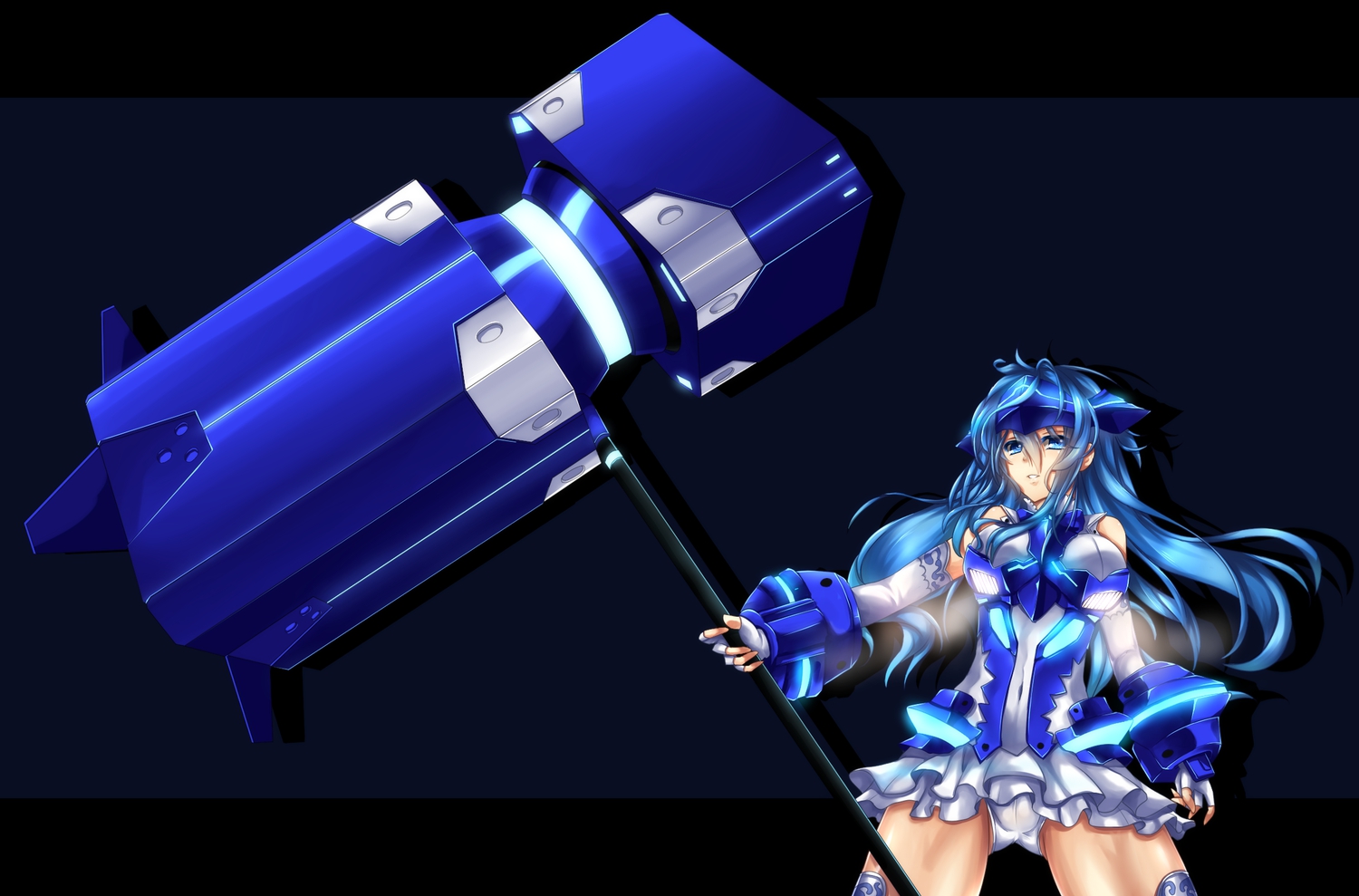 armor, blue_eyes, blue_hair, blush, elbow_gloves, fi-san, futaba_aoi_(vividred_operation), gloves, long_hair, panties, underwear, vividblue, vividred_operation