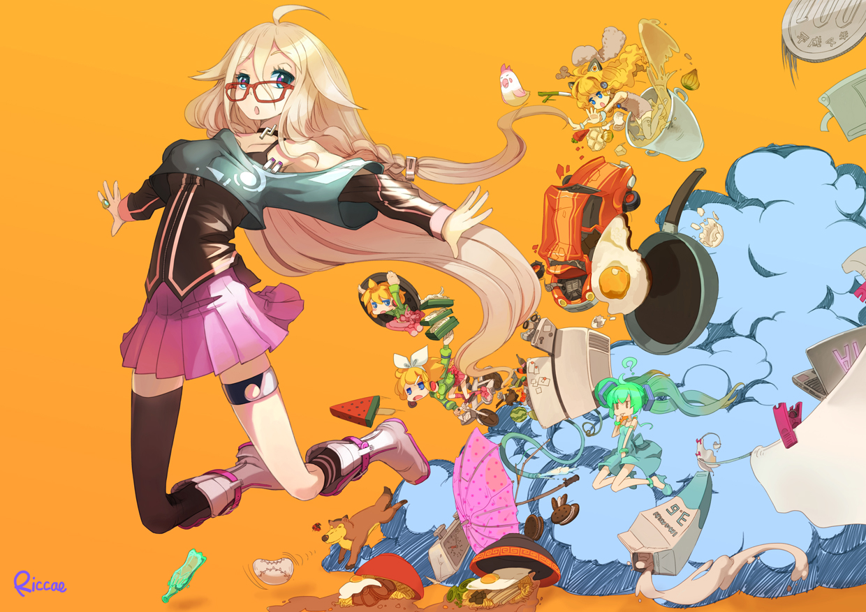 animal, blonde_hair, braids, choker, computer, drink, food, glasses, hatsune_miku, ia, kagamine_len, kagamine_rin, long_hair, male, popsicle, riccae, seeu, umbrella, vocaloid