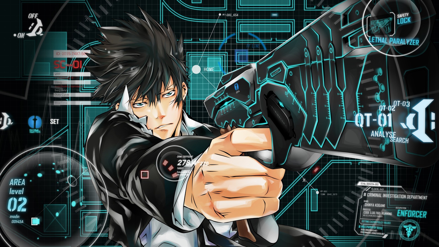 black_hair, blue_eyes, gun, jpeg_artifacts, kougami_shinya, psycho-pass, tagme, weapon