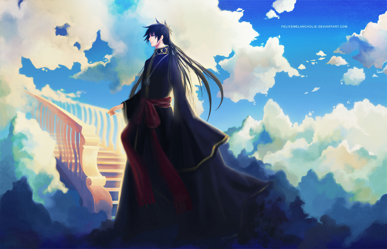 all_male, black_hair, bow, clouds, long_hair, male, necklace, saint_seiya, sky, stairs, the_lost_canvas, watermark