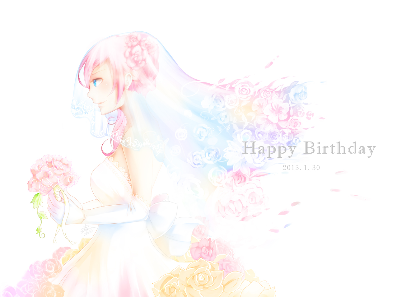blue_eyes, dress, elbow_gloves, flowers, gloves, haruno_hotaru, megurine_luka, pink_hair, vocaloid, wedding_attire, white