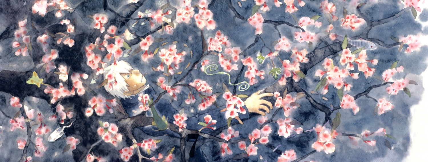 all_male, flowers, ginko_(mushishi), male, mushishi, smoking, tree, water