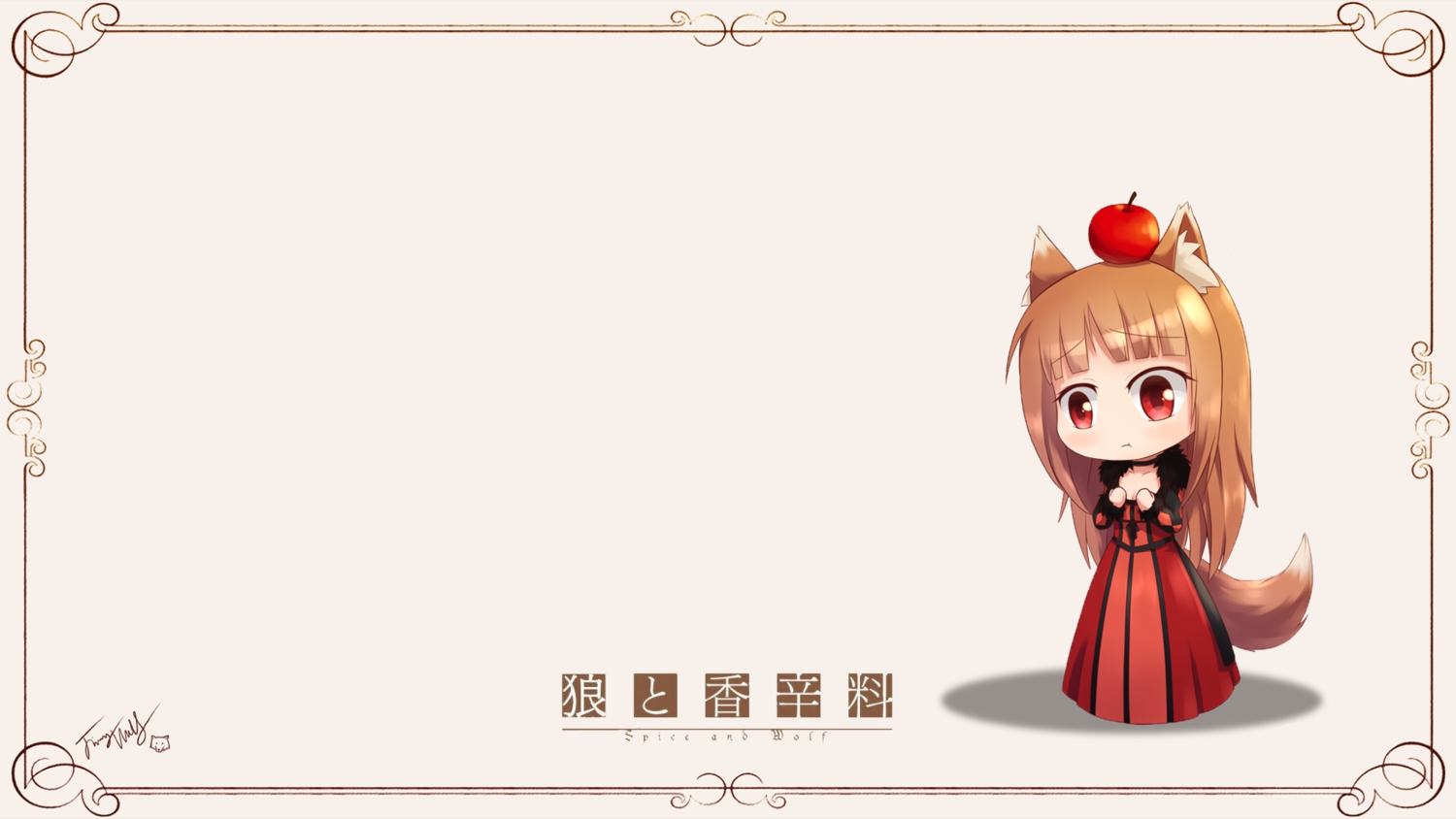 animal_ears, apple, blush, brown_hair, chibi, cosplay, food, fruit