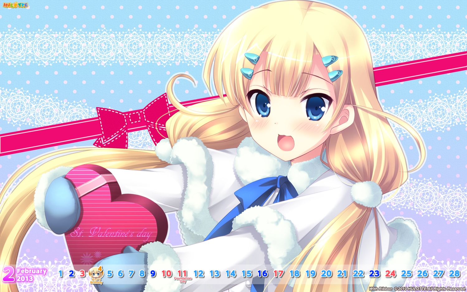 blonde_hair, blue_eyes, blush, calendar, gloves, hulotte, ikegami_akane, minamura_airi