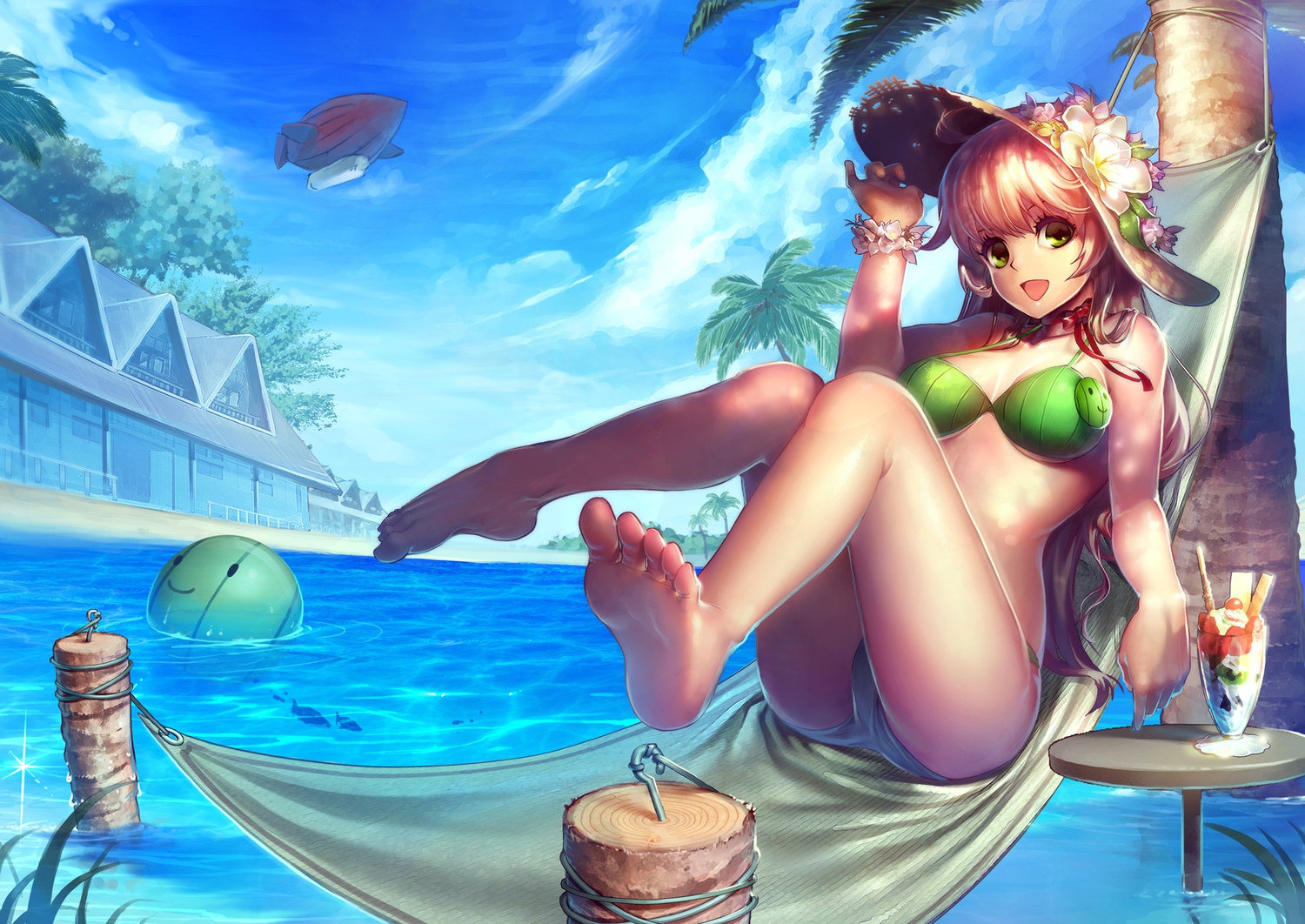 barefoot, bikini, green_eyes, hat, original, rheez, swimsuit, tagme, water