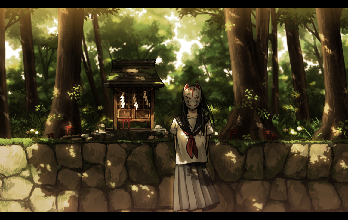 amemura_(caramelo), black_hair, forest, mask, original, school_uniform, summer, tree