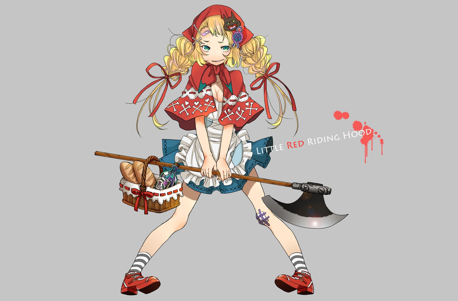 blonde_hair, gray, green_eyes, iria_(yumeirokingyo), jpeg_artifacts, little_red_riding_hood, red_riding_hood