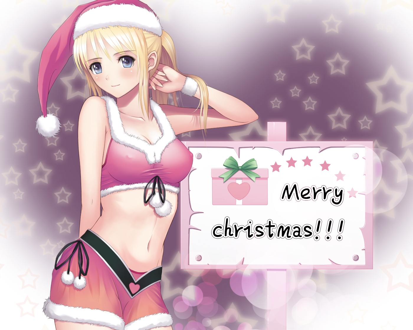 blonde_hair, blue_eyes, breasts, christmas, cleavage, erect_nipples, ltt_challenger, original