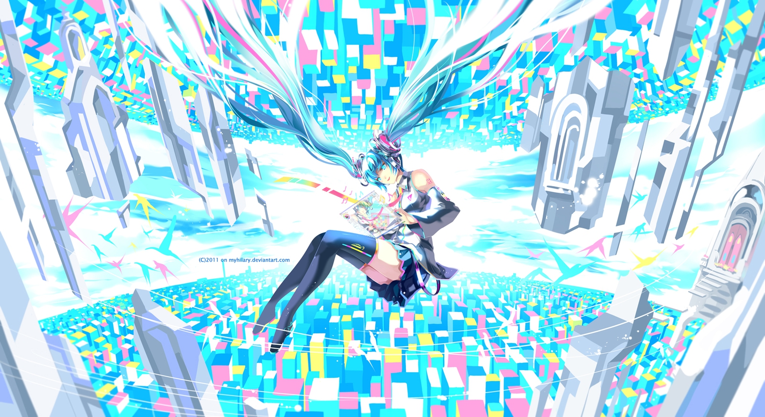 aqua_eyes, aqua_hair, hatsune_miku, long_hair, myhilary, twintails, vocaloid, watermark