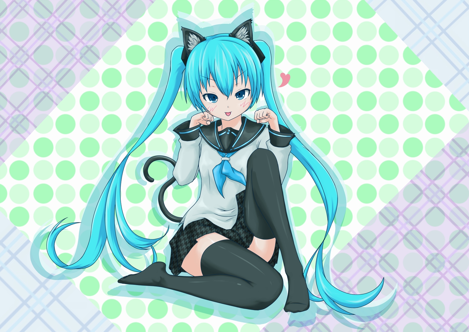 animal_ears, blue_eyes, blue_hair, catgirl, hatsune_miku, school_uniform, tail, thighhighs, twintails, vocaloid, yuta1147, zettai_ryouiki
