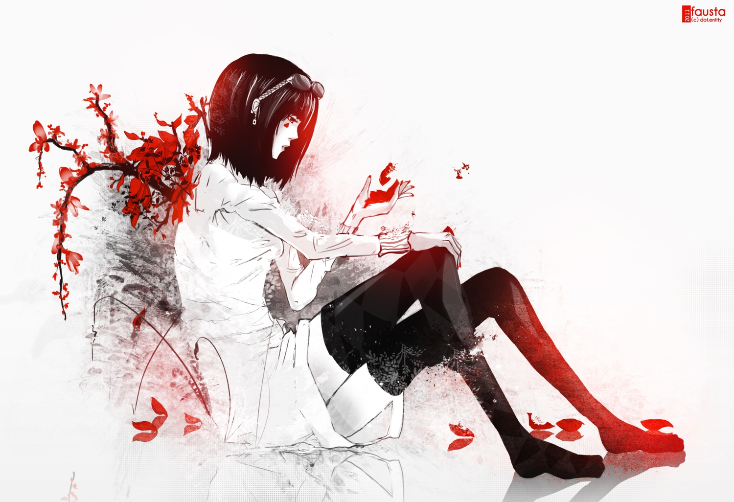 black_hair, dotentity, flowers, glasses, original, petals, polychromatic, short_hair, thighhighs