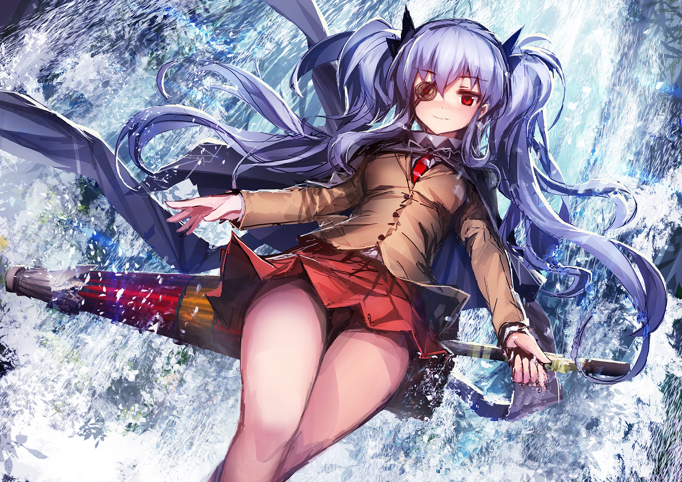 blue_hair, eyepatch, lm7_(op-center), long_hair, panties, red_eyes, school_uniform, senran_kagura