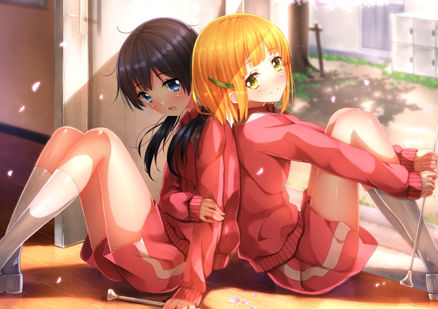 2girls, black_hair, blue_eyes, blush, gym_uniform, kitashirakawa_tamako, kneehighs, long_hair, orange_hair, petals, short_hair, shorts, swordsouls, tamako_market, tokiwa_midori, twintails, yellow_eyes