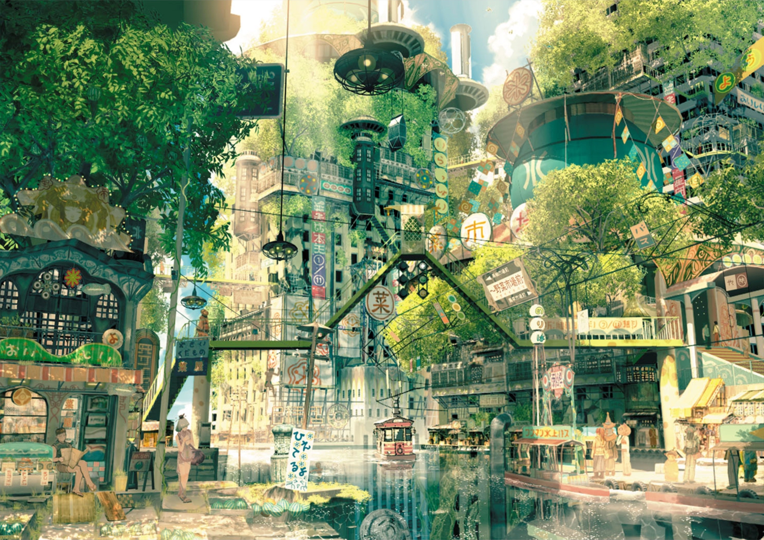 building, city, landscape, original, scenic, teikoku_shounen, tree, water