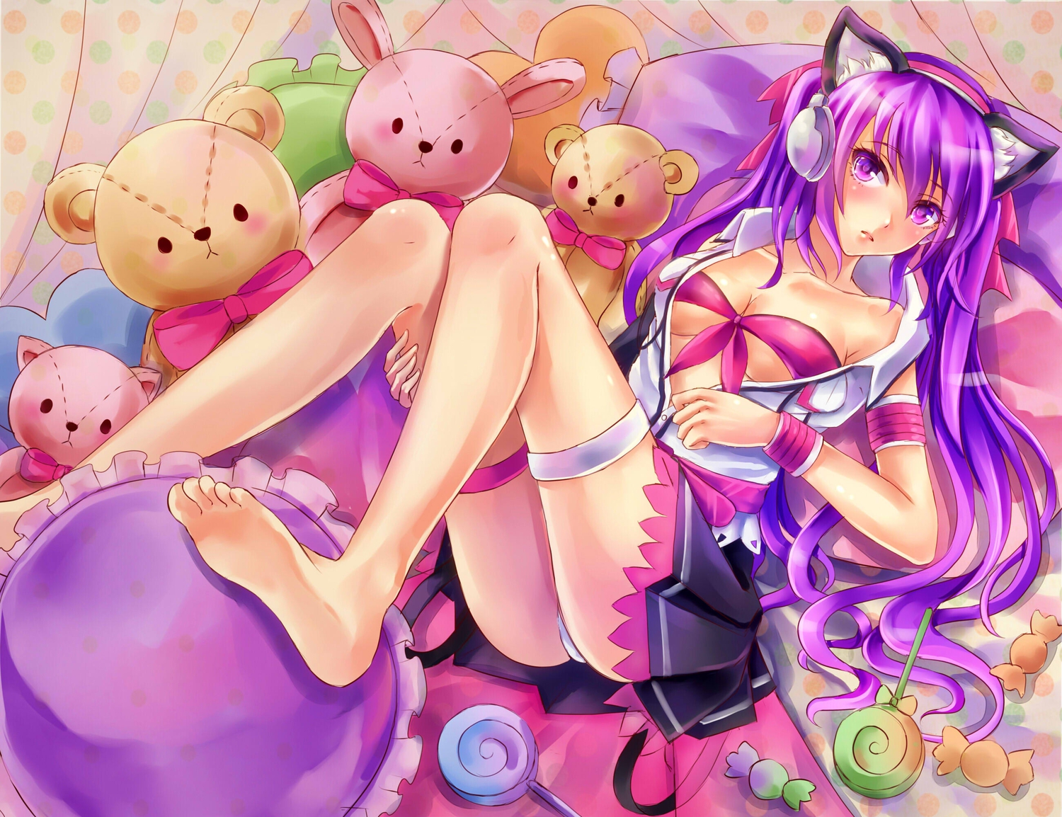 animal_ears, bunny_ears, bunnygirl, candy, daphne_zhang, headphones, jpeg_artifacts, panties, purple_eyes, purple_hair, skirt, teddy_bear, underwear