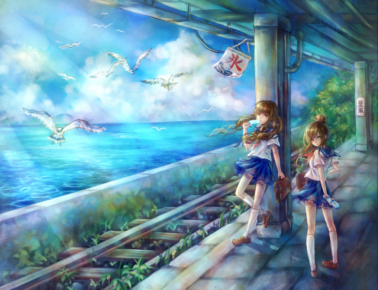 animal, bird, clouds, daphne_zhang, school_uniform, skirt, sky, water