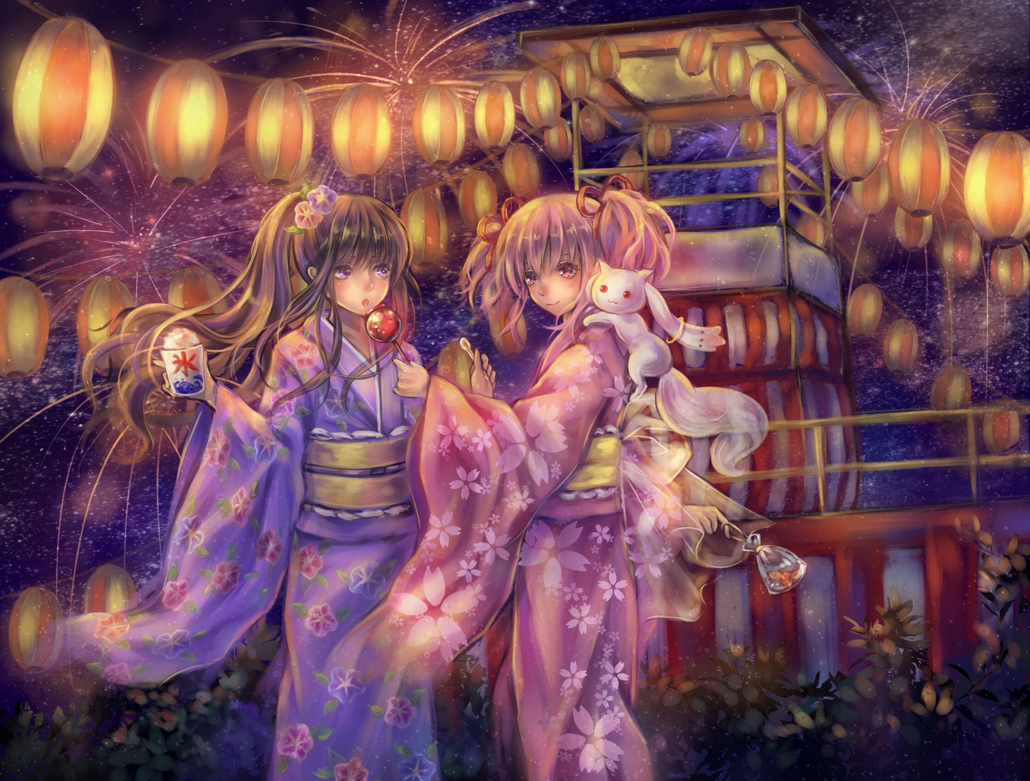 akemi_homura, daphne_zhang, japanese_clothes, kaname_madoka, kimono, kyuubee, mahou_shoujo_madoka_magica