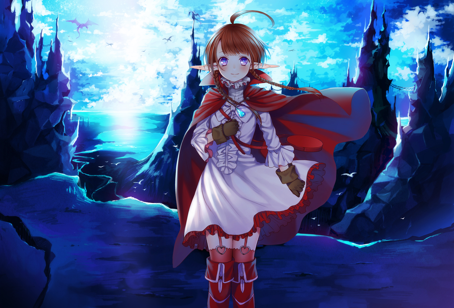 boots, braids, brown_hair, cape, dragon, dress, fire_emblem, gloves, nah_(fire_emblem), pointed_ears, purple_eyes, scenic, thighhighs, tsukino_omame