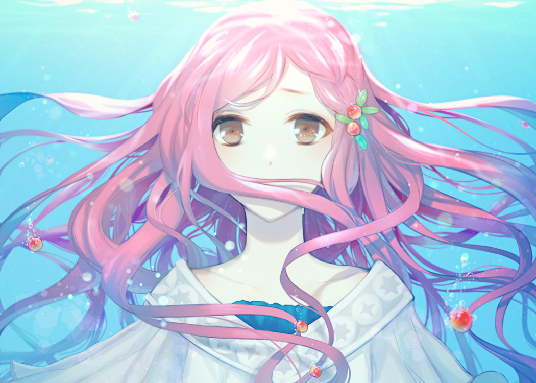 brown_eyes, bubbles, close, miki_(vocaloid), pink_hair, rowya, vocaloid, water