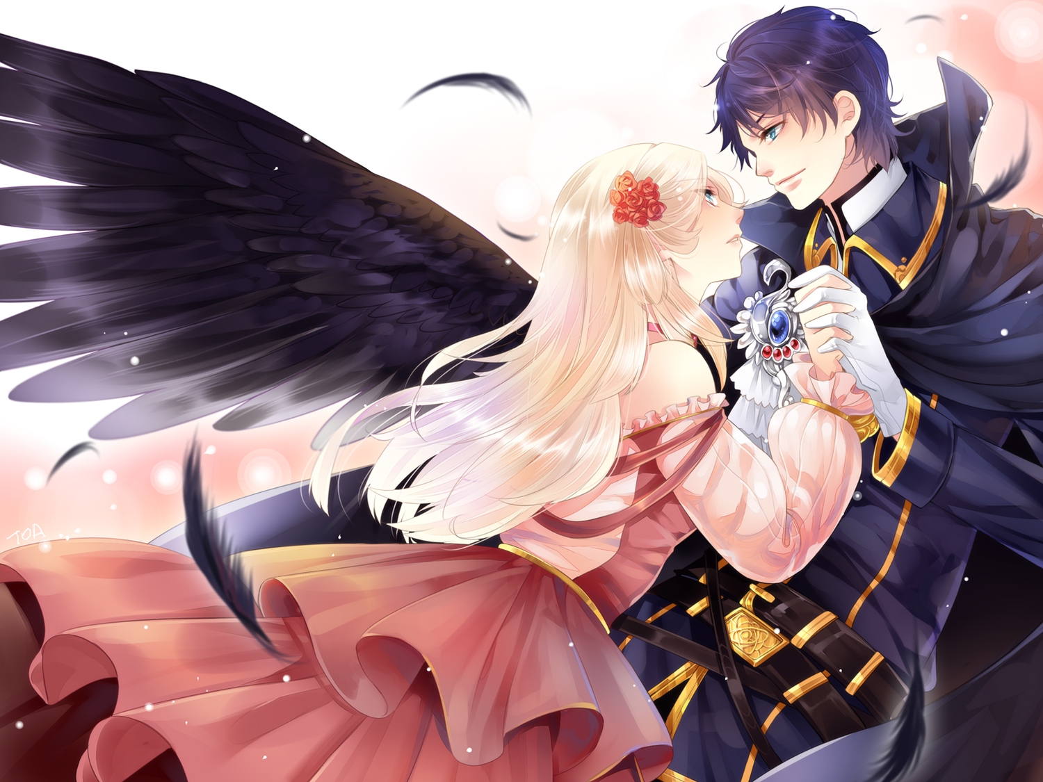 blue_eyes, dress, flowers, tooaya, wings