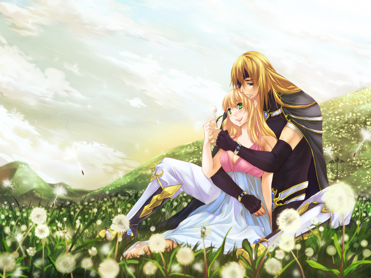 blonde_hair, blush, dress, eyepatch, flowers, green_eyes, hug, tooaya