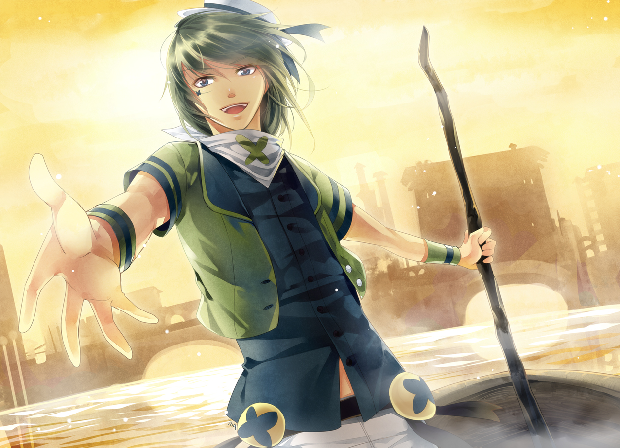 all_male, blue_eyes, boat, green_hair, hat, male, tooaya, water