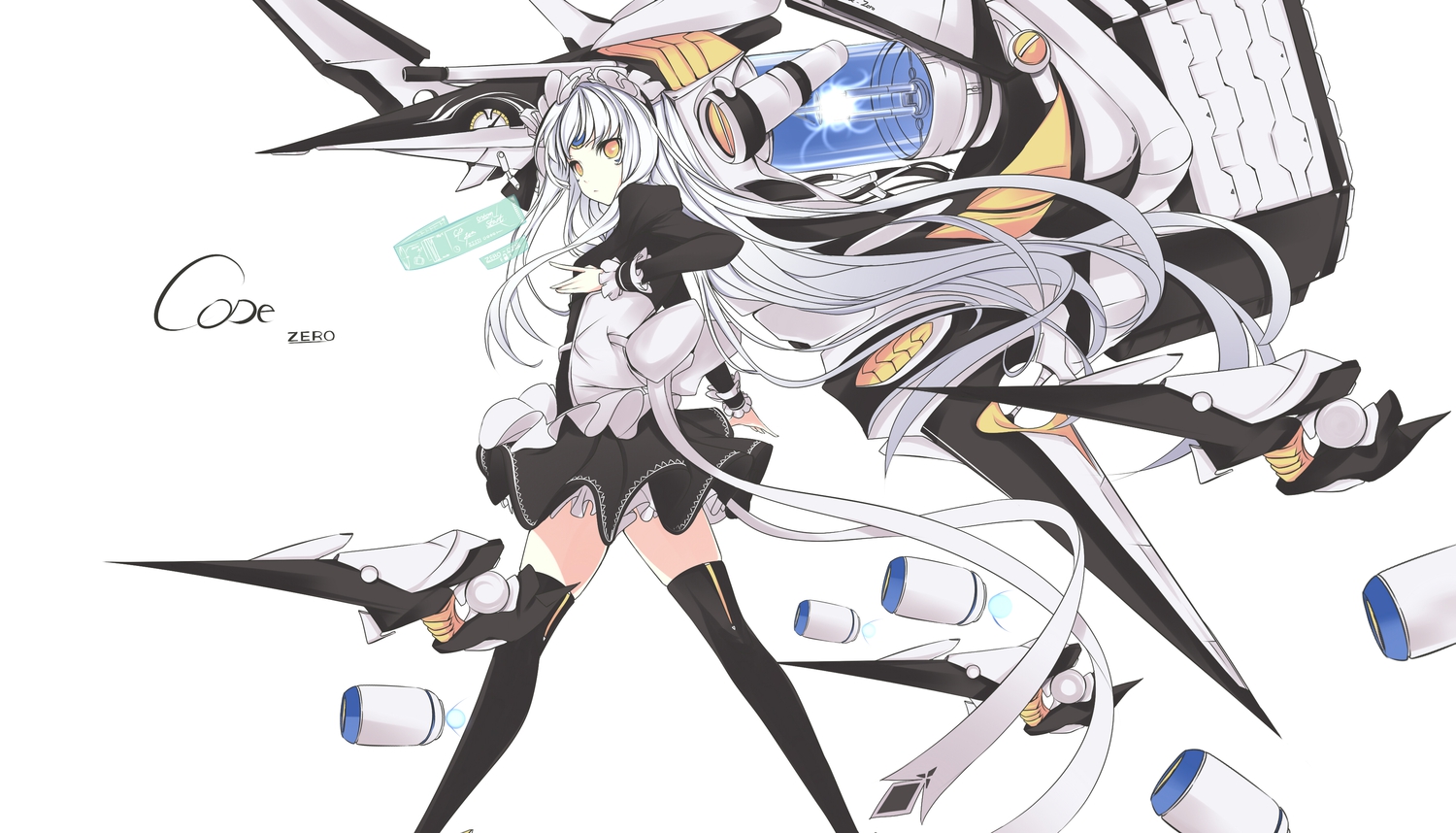 bow, elsword, eve_(elsword), faefaea, gray_hair, long_hair, maid, mechagirl, ribbons, thighhighs, white, white_hair, yellow_eyes