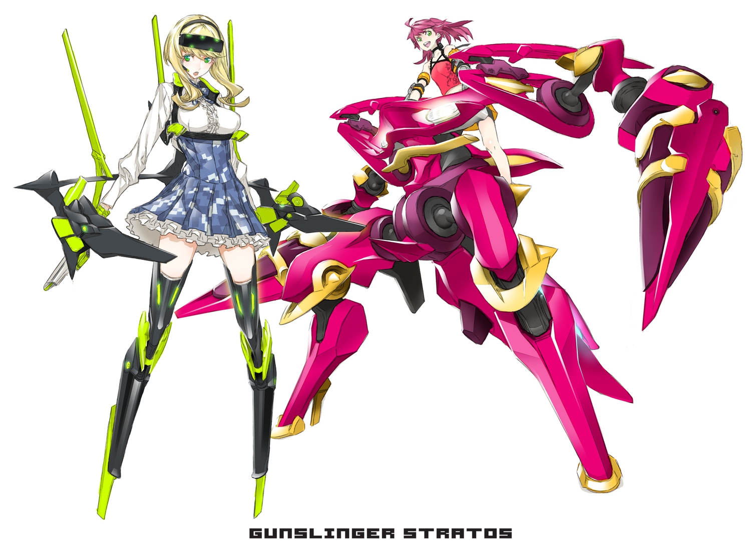 2girls, blonde_hair, goggles, green_eyes, gunslinger_stratos, lyusya, mechagirl, miwa_shirow, red_hair, shinou_matsurika, white