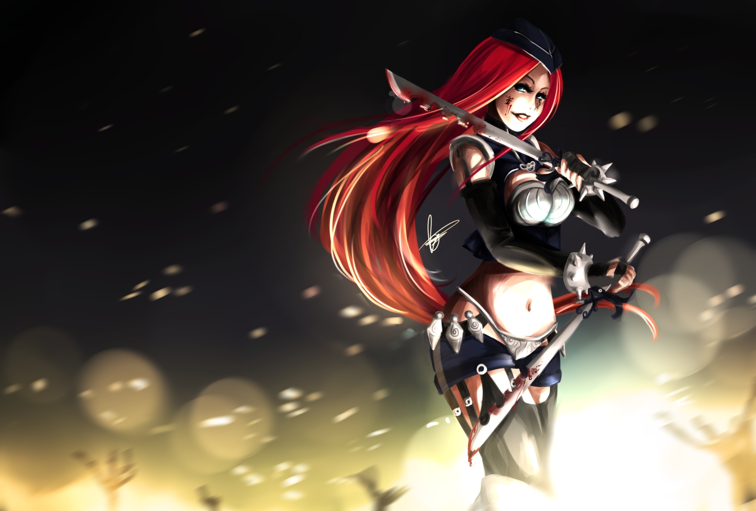 blood, katarina, league_of_legends, red_hair, weapon