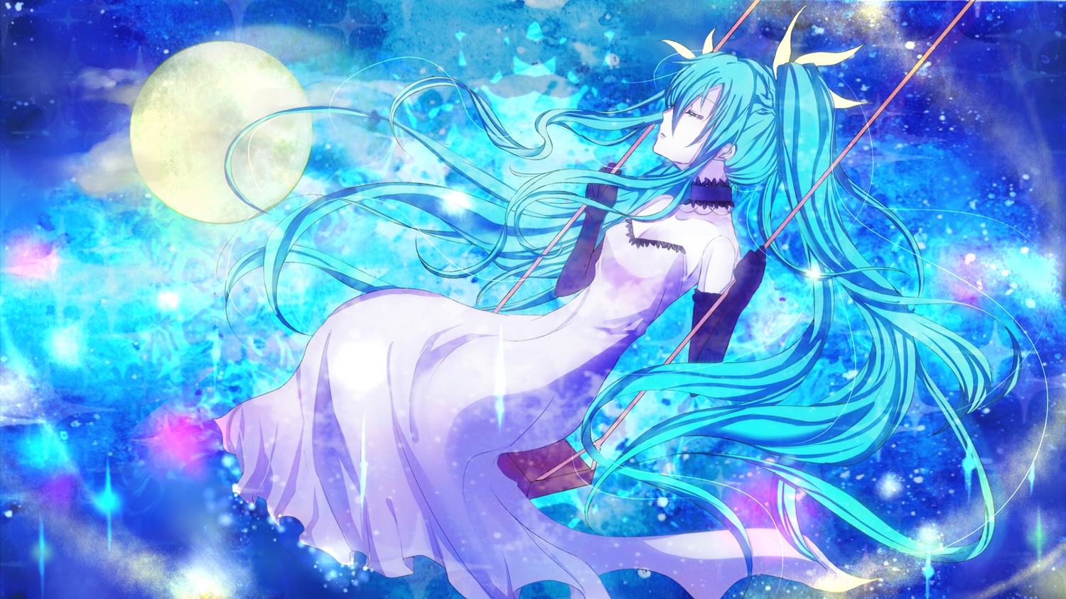aqua_hair, chaperu_(mukuone), dress, hatsune_miku, moon, twintails, vocaloid