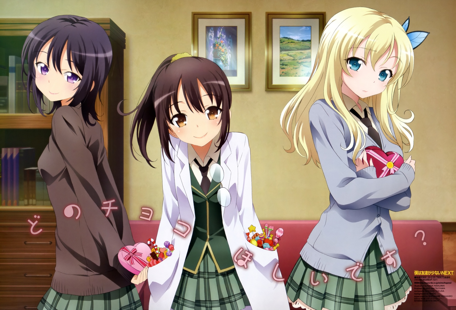 blonde_hair, boku_wa_tomodachi_ga_sukunai, candy, kashiwazaki_sena, matsuyama_aiko, mikazuki_yozora, scan, school_uniform