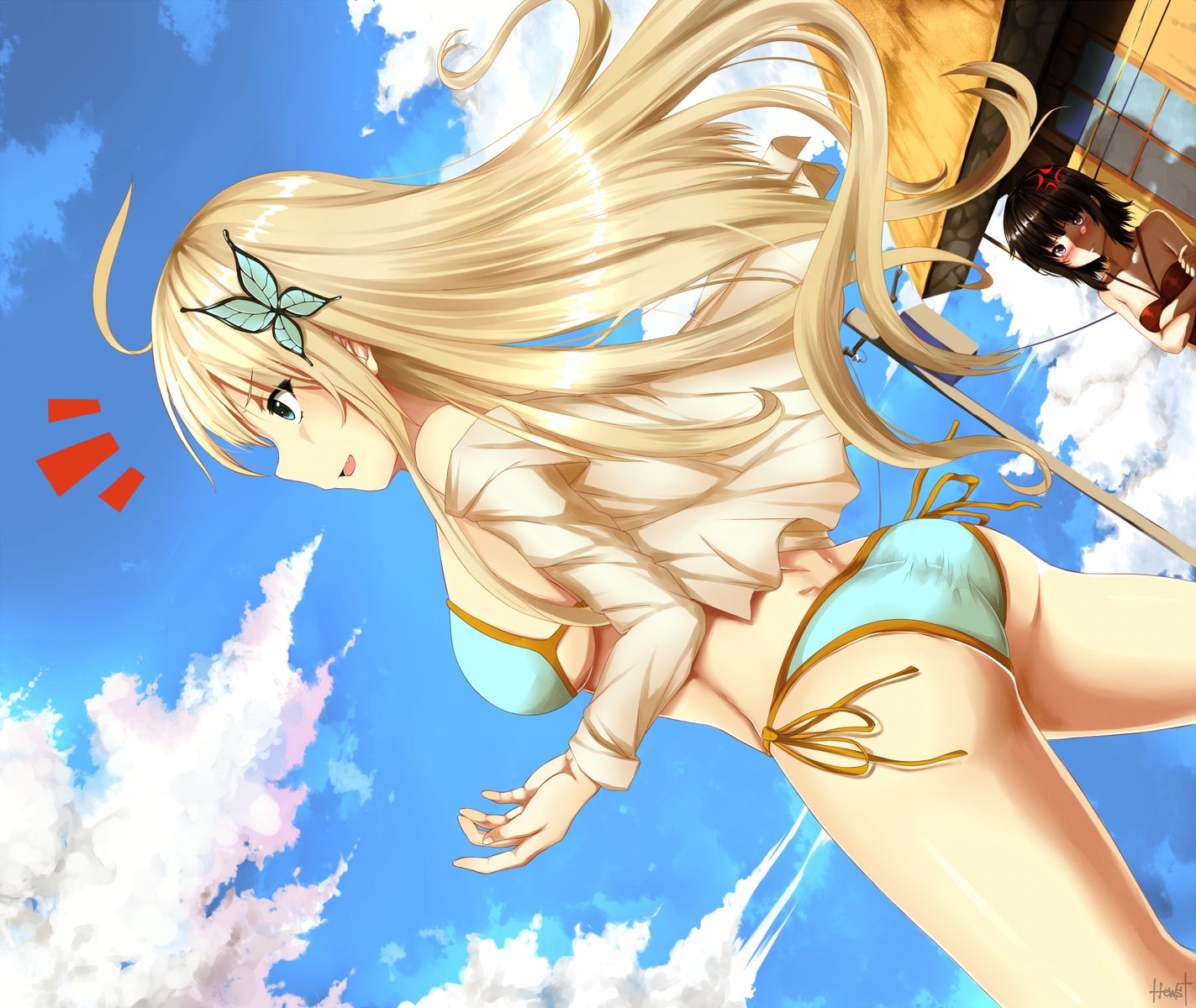 2girls, bikini, black_hair, blonde_hair, blue_eyes, blush, boku_wa_tomodachi_ga_sukunai, butterfly, clouds, hewsack, kashiwazaki_sena, long_hair, mikazuki_yozora, purple_eyes, short_hair, sky, swimsuit