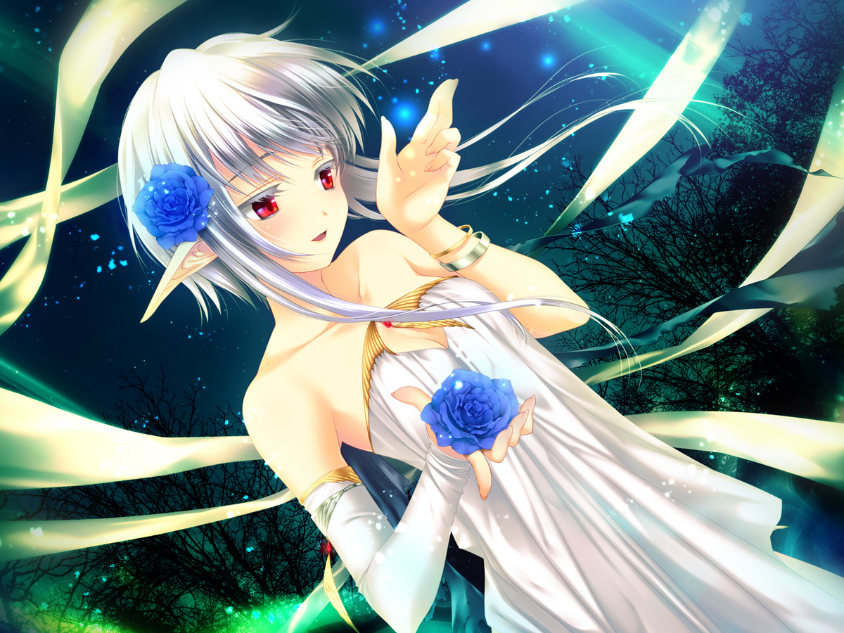 flowers, gray_hair, night, original, pointed_ears, red_eyes, touto_seiro
