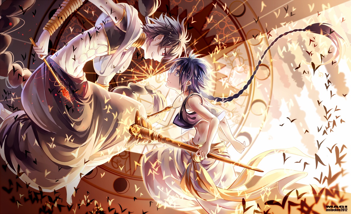 aladdin_(magi), all_male, barefoot, braids, butterfly, instockee, judal, long_hair, magic, magi_the_labyrinth_of_magic, male, navel, necklace, ponytail, wand, watermark