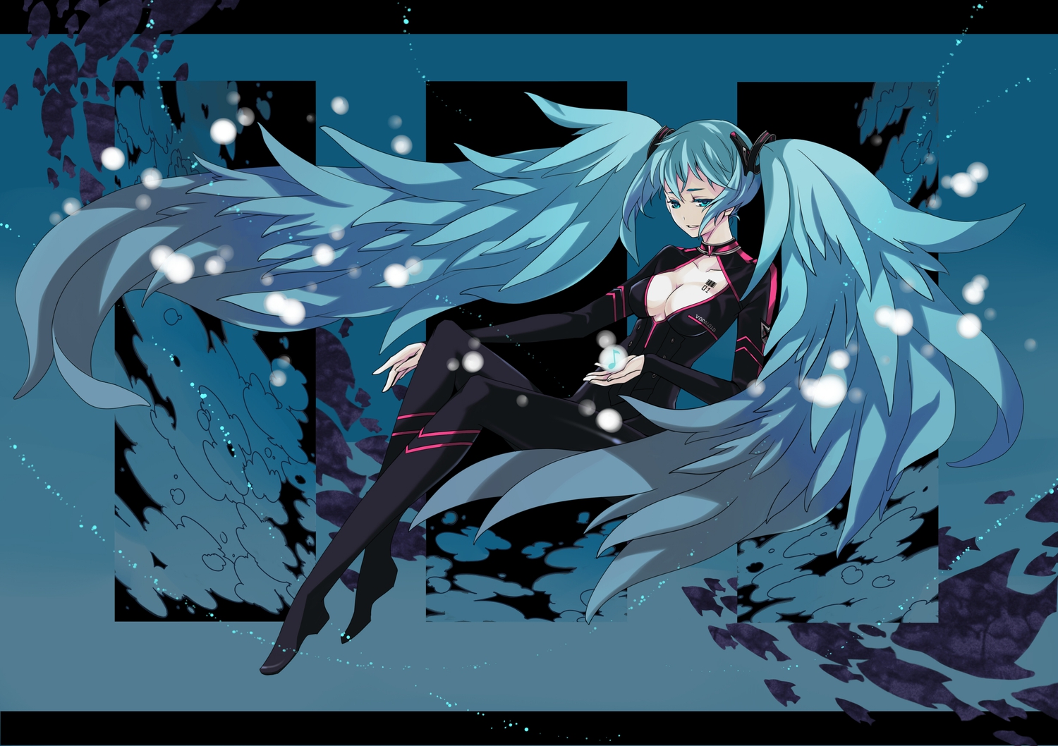 aqua_eyes, aqua_hair, breasts, cleavage, hatsune_miku, irisssy, long_hair, tattoo, twintails, vocaloid