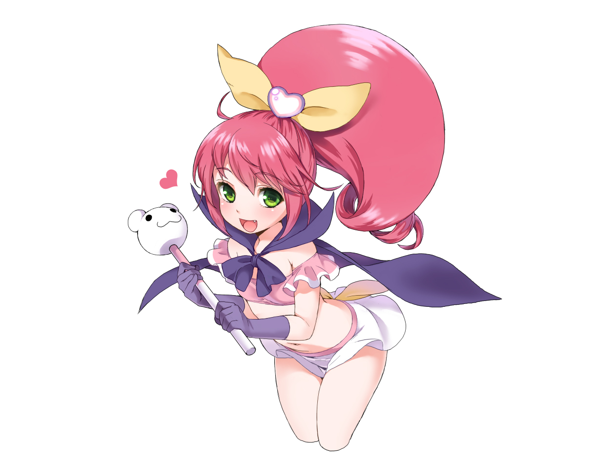 aliasing, fang, green_eyes, loli, navel, pink_hair, ponytail, pop'n_music, purecle_lip, ribbons, tagme_(artist), wand, white