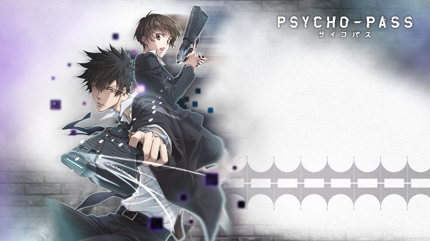 jpeg_artifacts, kougami_shinya, psycho-pass, tsunemori_akane, weapon