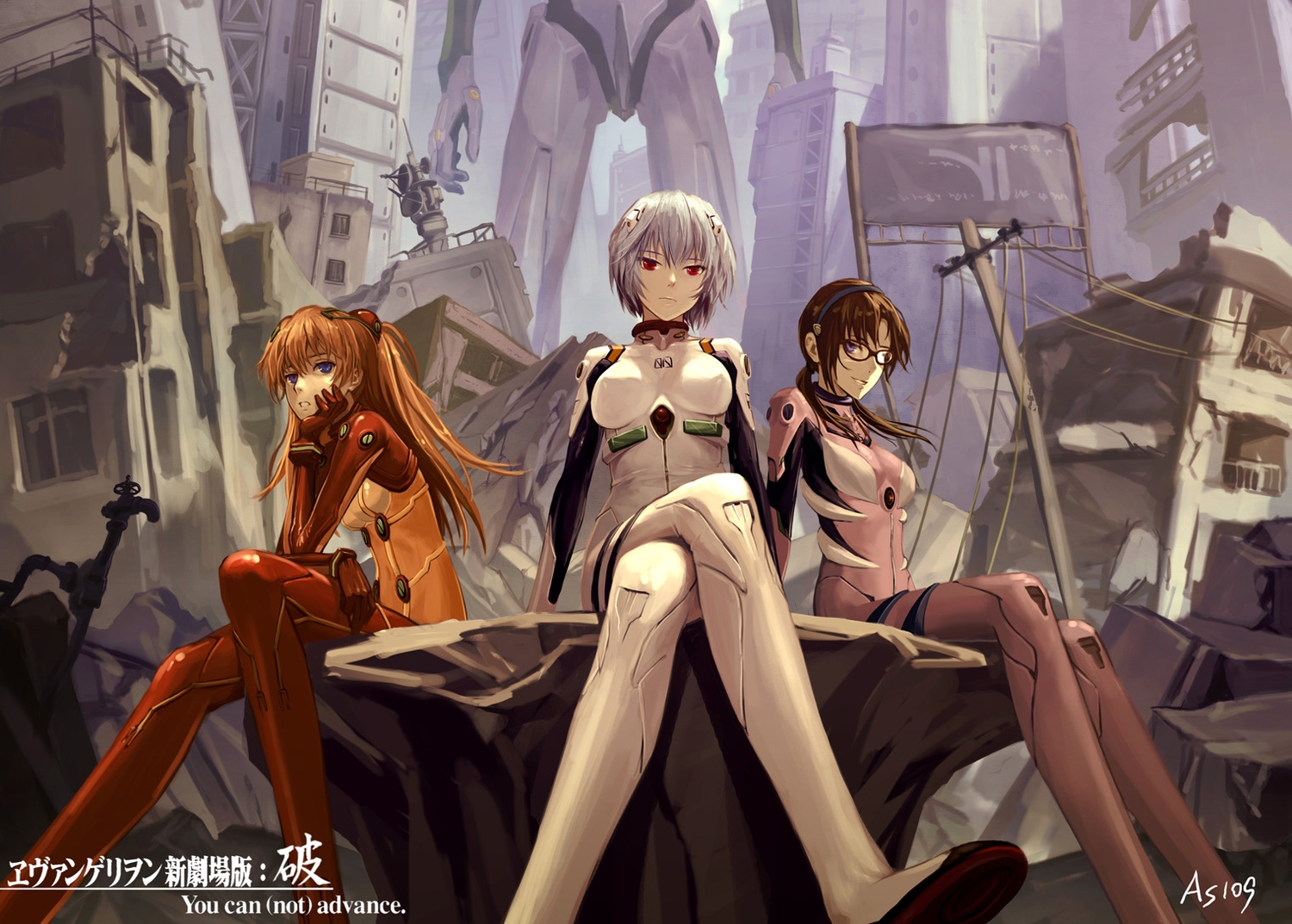 as109, ayanami_rei, blonde_hair, blue_eyes, bodysuit, brown_hair, building, city